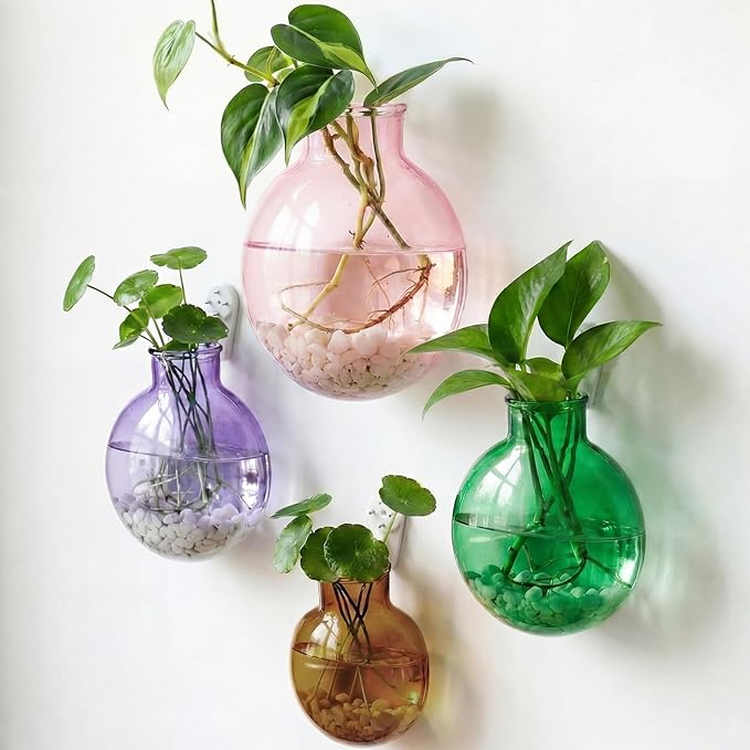 4 Pcs Stained Glass Hanging Vase Hanging Glass Plant Propagation Station Small Plant Terrarium Pot Containers with Rope for Hydroponics Planter Garden Home Indoor Outdoor Decor, 4 Styles