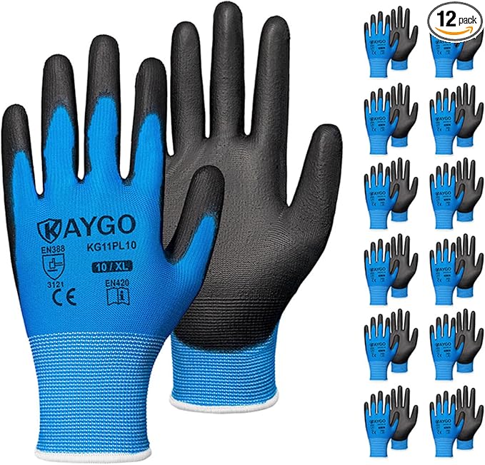 KAYGO Work Gloves for Men and Women, 12 Pairs Seamless Knit PU Coated Safety Gloves, with Smooth Grip on Palm and Fingers, Ideal for Light Warehouse, Manufacturing, Gardening, KG11P (XL, Blue)