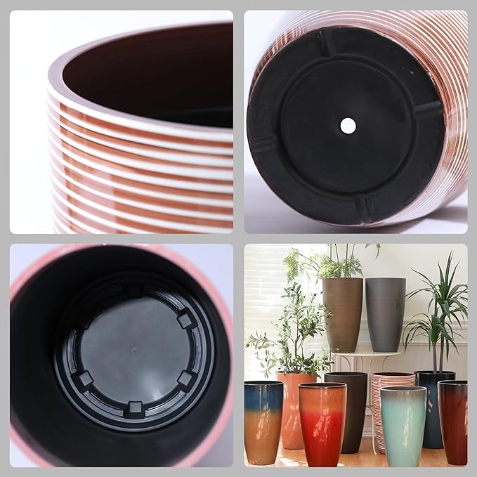21"Tall Planters For Outdoor Plants-Coffee&Milk Finish Pop,Decorative Flower Pots Front Porch Vase Lightweight Durable Tall Planter With Movable Insert Shelf/ Drainage Hole Gift Idea For Plant Lovers