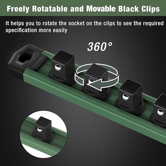 WORKPRO Magnetic Socket Organizer, 1/2-Inch Drive Aluminum Alloy Socket Rail, Heavy Duty Socket Holder, Socket Rack Kit 1/2-Inch x 10 Clips Green (Socket not Included)