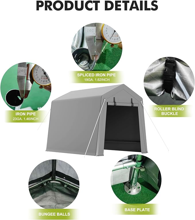 GarveeHome 6 x 8 Ft Carport Storage Shed, Portable Garage with Roll-Up Zipper Door, Heavy Duty Waterproof Tarp, Storage for Motorcycle, Bike, Firewood, Garden Tools, Grey