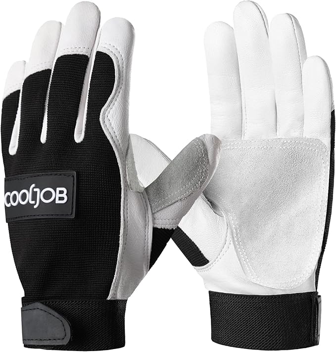 COOLJOB Sheep Skin Leather Garden Gloves with Abrasion Resistant Grip, Thorn Puncture Proof Work Gloves for Landscaping, M-XL