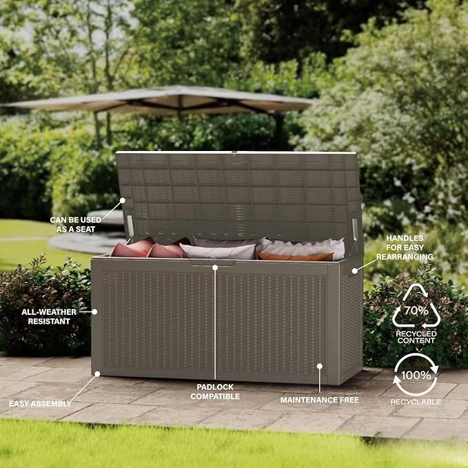 150 Gallon Outdoor Storage Box Patio Deck Box Waterproof, Resin Lockable Outside Large Storage Bin for Pool Cushion Furniture, Garden Tools UV-Resistant, Grey