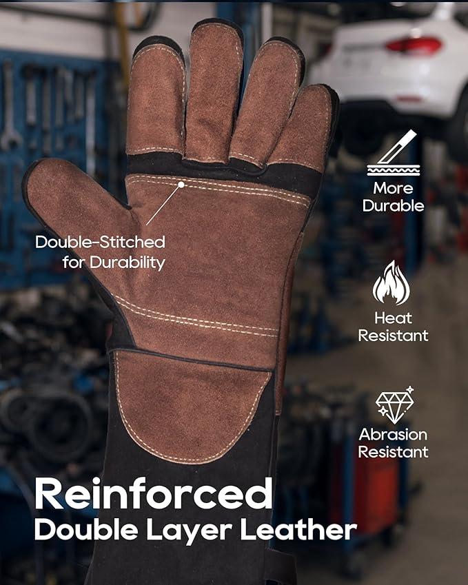 TOPDC Welding Gloves 16Inch 1000℉Heat/Fire Resistant Reinforced Leather Fireproof Gloves with Kevlar Stitching for Mig, Tig, Stick, Forge, BBQ, Grill, Oven, Fireplace, Furnace, Animal Handling, LARGE