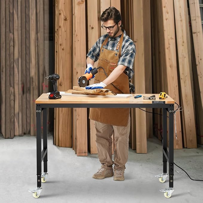VEVOR Adjustable Workbench, 48-Inch Work Bench with Power Outlet, Wheels, and Pegboard, 2000 lbs Load Heavy Duty Oak Wood Top Work Table for Garage, Workshop, Office, and Home