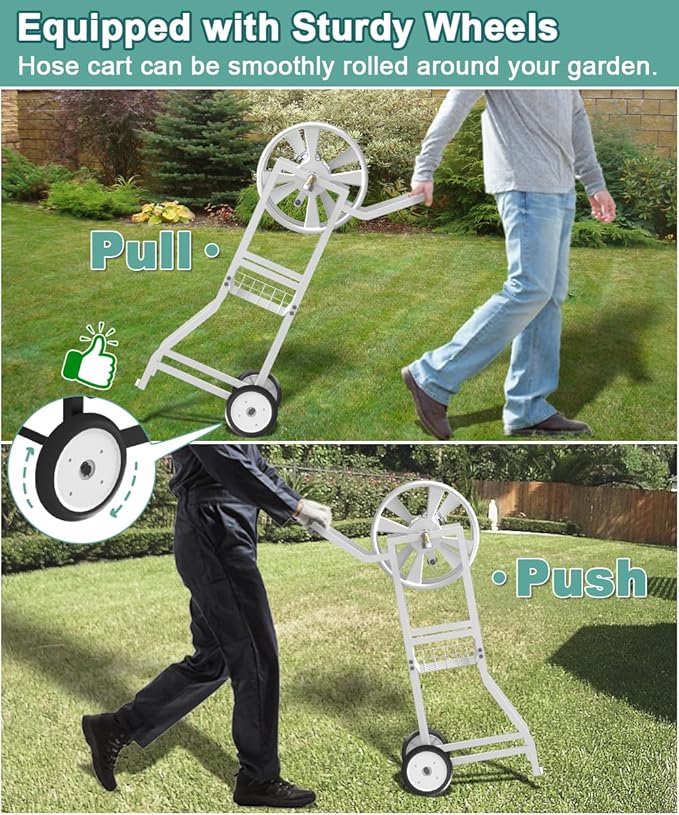 Garden Hoses Reel Cart with Wheels, Outdoor Heavy Duty Powder Coated Steel Water Winder Storage Holds 125 ft 5/8" Hose with 3.9ft Leader Hose and Basket for Backyard, Yard, Lawn, White