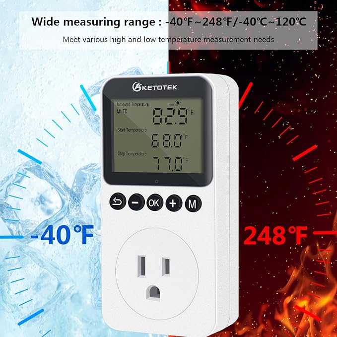 KETOTEK KT3200PRO Digital Temperature Controller Outlet Day Night Thermostat Plug Socket Heating Cooling Temp Controller with Sensor Timer Regulator for Reptile Greenhouse Brewing Refrigerator
