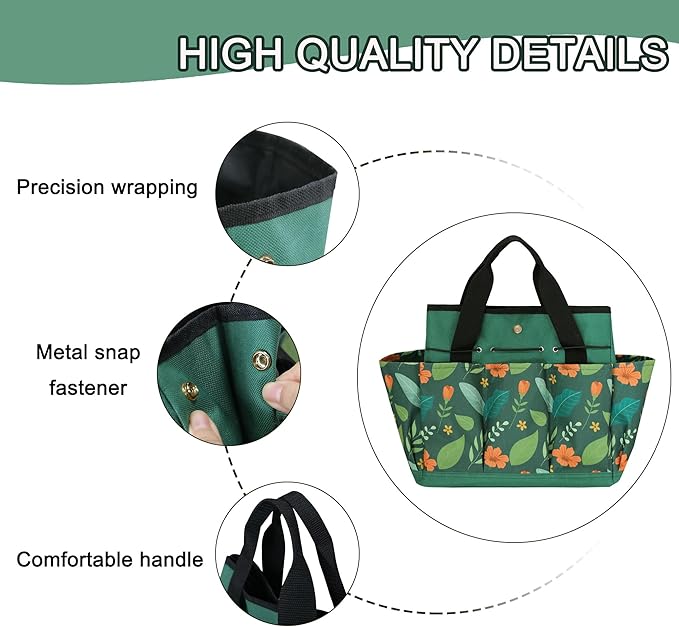 Garden Tool Bag, Portable Garden Tote Bag with Handle, Oxford Garden Tool Organizer Bag, Ideal Gardening Gifts for Wife and Parents, Tools Not Included(Green Flower)