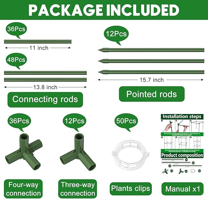Unves 3 Pack Tomato Cage for Garden, 11.8" W x 53" H Square Tomato Trellis Plant Support Frame with 50 Pcs Plant Clips, Suitable for Climbing Vegetables, Flowers, and Fruits