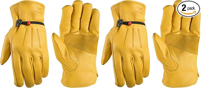 Wells Lamont Men's Cowhide Leather Work Gloves, Adjustable Wrist, Puncture and Cut Resistant, Saddletan, Medium (1132M) (Pack of 2)