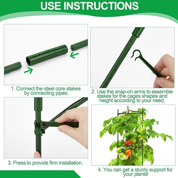 6 Pack Tomato Cages for Garden Plant Support Up to 48 Inches Assembled Vegetable Plant Cages Stakes Support Trellis with Clips and Twist Tie for Vertical Climbing Plants Flowers Fruit, Green