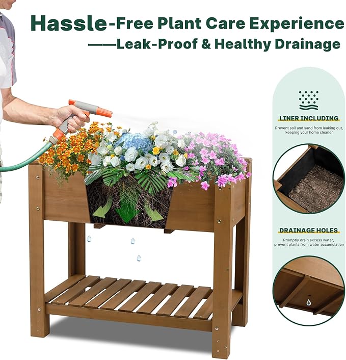 Raised Garden Bed Outdoor, Wooden Planter Boxes with Legs Protective Liner & Drainage Holes, Elevated Garden Flower Beds for Backyard Balcony, Gift for Gardening & Mother, 33.46'' X 17.9'' X 29.72''