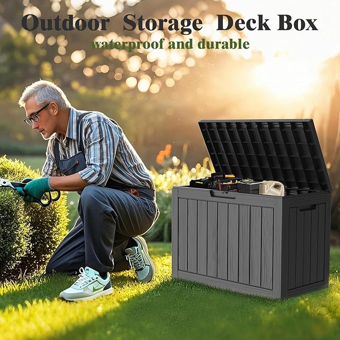 Outdoor Storage Box Deck Box, 50 Gallon Waterproof Deck Boxes, Package Delivery Boxes for Outside, Resin, Lockable Patio Storage Bins for Garden Tool, Cushion, Pool, Porch, Weatherproof & UV-Resistant