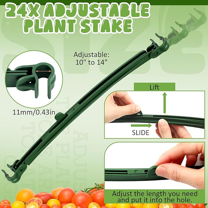 24 Pcs Adjustable Stake Arms for Tomato Cage, Garden Plant Stake Connectors, Expandable Trellis Connectors Climbing Rod Tomato Stick Supports for 11 mm Diameter Climbing Plants Vegetables
