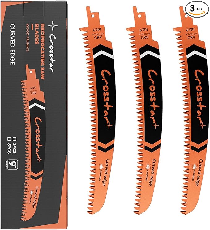 Crosstar 9 Inch Japanese Teeth Arc Edge Reciprocating Saw Blades - 6TPI Wood Pruning Blades for Tree Trimming, Branch Cutting, 3-Pack