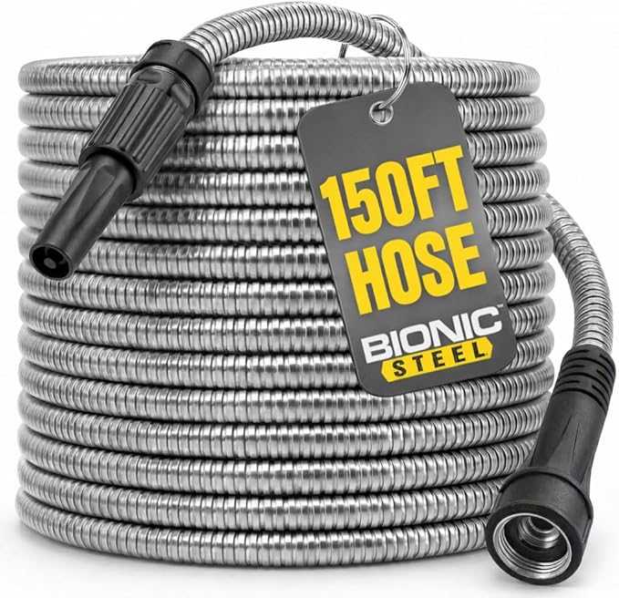 Bionic Steel Pro 150 FT Garden Hose with Nozzle, 304 Stainless Steel Metal Water Hose 150ft, Flexible Hose, Kink Free, Lightweight & Durable, Crush Resistant Fitting, Easy to Coil, 500PSI- 2026 Model