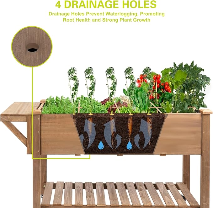 Raised Garden Bed,Herb Garden Planter Outdoor with Lockable Wheels, Storage Shelf, Protective Liner, for Herbs, Vegetables, Flowers,Outdoor Patio, Deck, Balcony，55.5x24x32 in