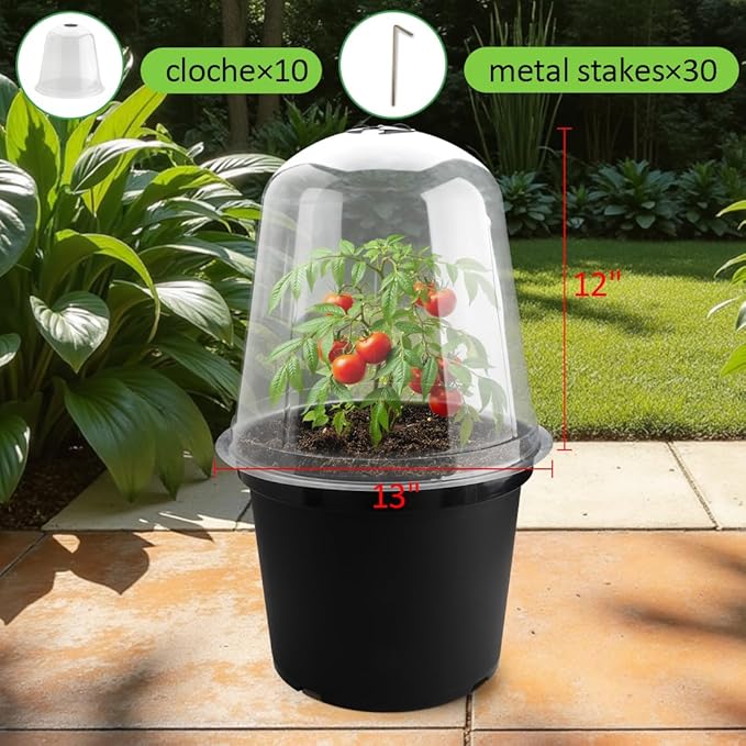 13 Inch Humidity Domes Garden Cloches for Plant Protection 10 Pack, Plant Covers Freeze Protection, Protectors from Animals, Garden Clear Plant Cover with Ventilation Holes