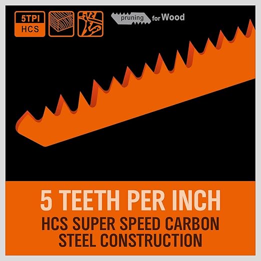 5-Pack 12-Inch Wood Pruning Reciprocating Saw Blades, 5TPI HCS Carbon Steel Sawzall Blades for Fast Cutting Green Wood, Branches & Plastic - Includes Storage Case