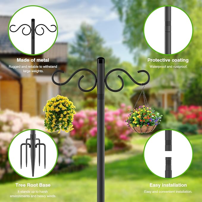 Double Shepherds Hooks for Outdoor,2 Pack 55 Inch Bird Feeder Pole with 5 Prongs Base,Heavy Duty Shepherds Hook,Suitable for Garden in Hanging Flower Basket,Lantern,Bird Nests (2 Pack 55 inch)