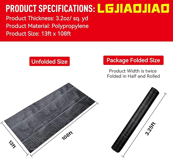 3.2oz 13ftx108ft Driveway Fabric, Premium weed barrier landscape fabric heavy duty Underlayment, Commercial Grade Driveway Road Fabric, Geotextile Fabric for Soil Stabilization, landscaping