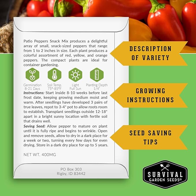 Patio Snack Mix Mini Sweet Pepper Seeds for Planting | Compact Lunchbox-Style Heirloom Variety – Non-GMO Container Garden Peppers – Survival Garden Seeds (1 Pack)