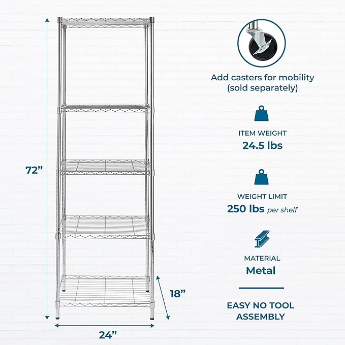 Honey-Can-Do 5-Tier Heavy Duty Adjustable Shelving Unit, 250-lb Per Shelf NSF Certified Metal Storage Rack, Chrome Wire Shelf for Kitchen Pantry Garage, 24 x 18 x 72 in
