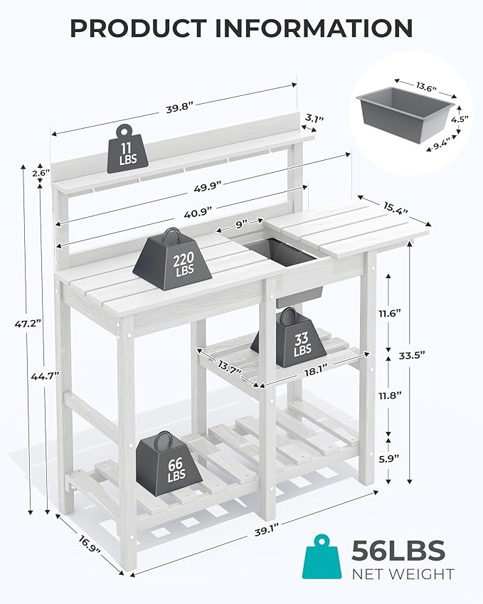 SERWALL Outdoor Potting Bench 2-Piece Set, Rot-Resistant HDPE Potting Table with Removable Sink for Outside Gardening, All-Weather Use - White
