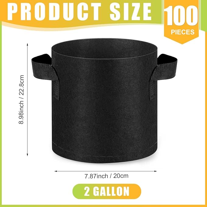 Nuanchu 100 Packs Grow Bags Bulk Aeration Fabric Pot with Handles Thickened Nonwoven Garden Bags to Healthy Root Growth Vegetables Heavy Duty Grow Pots Planting Planter for Flower Fruits (2 Gallon)