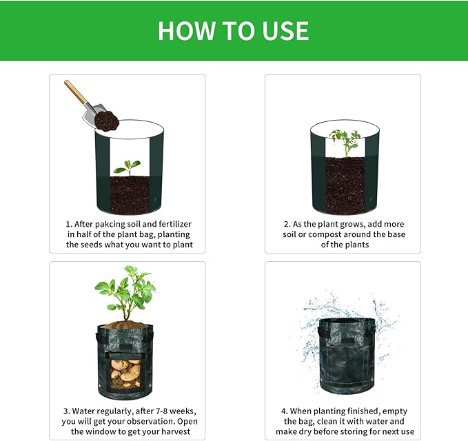 iPower 3-Pack 10-Gallon Potato Grow Bags Garden Waterproof Reusable Vegetable Plant Pots Container with Handle, Access Flap and Large Harvest Window, 10 Gallon, for Tomato, Carrot, Fruits