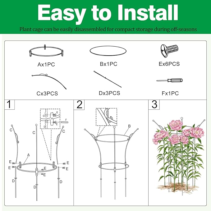 6 Pack Peony Cages and Supports Cages 13" D x 22.8" H Heavy Duty Metal Support Frame for Peonies & Roses Natural Bouquet Shape Garden Stakes for Outdoor Plants Flowers Ornamental (Black)