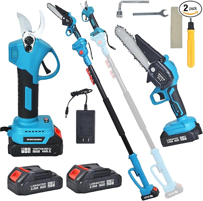 4-in-1 Cordless Pole saw Pruning Set, Electric Pruning Shears & 6 Inch pole saws for tree trimming with 8ft Max Extension Pole, Two 20V 2.0Ah Batteries, Electric Pole Saw Tree Trimming Kit