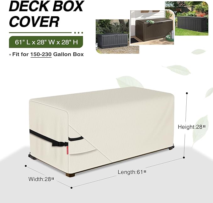 Porch Shield Patio Deck Box Storage Cover - 600D Outdoor Waterproof Cover for 150-230 Gallon Box Tear Resistant Rectangular Fire Pit Table Covers 61 x 28 x28 inch Beige