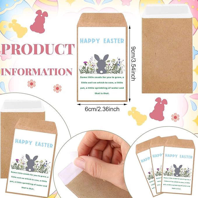 Ctosree 24 Sets Happy Easter Party Favors for Guests Easter Bunny Seed Packets Kit Including Self Adhesive Seed Packets Mini Flowerpots Bunny Tags Organza Bags for Basket Stuffers Gifts