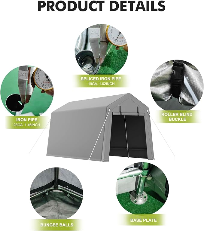 GarveeLife 7 x 10 ft Carport Storage Shed, Portable Garage with Roll-up Zipper Door, Heavy Duty Waterproof Tarp, Storage for Motorcycle, Bike, Firewood, Garden Tools