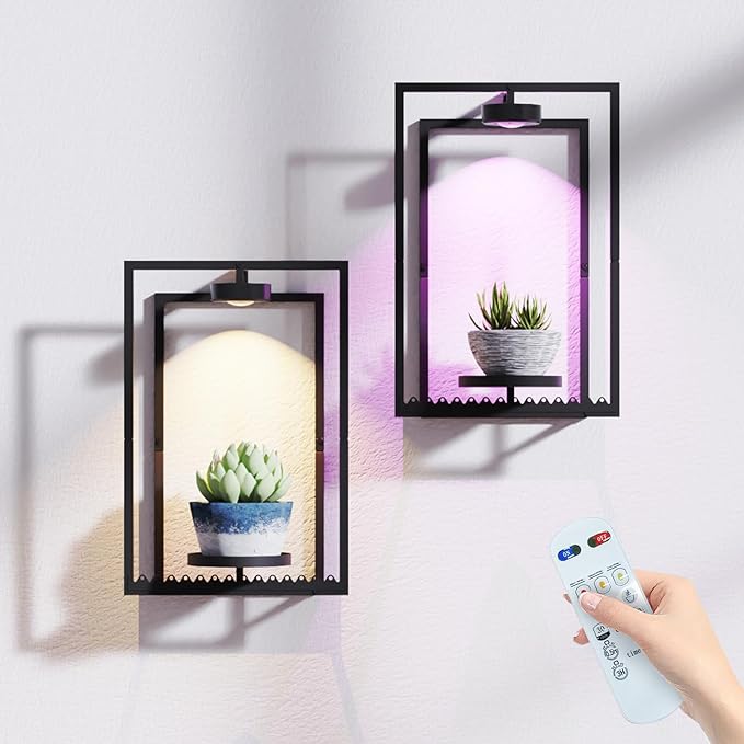 Starxing Wall Plant Shelf with Grow Lights, Remote Control Indoor Plant Holder Stand for Hanging Planters, Modern Framed Wall Decor for Living Room, Home S-2PK