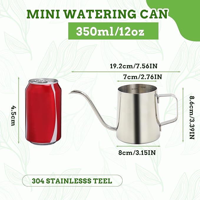 Small Watering Can for Indoor Plants, 12 OZ Mini Flower Watering Pots with Long Spout and Handle, Stainless Steel Water Can for Outdoor Garden House Office (Silver)