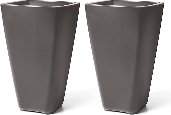 Step2 Bridgeview Tall Square Planter, Large Planters for Outdoor Plants, Gardening and Flower Pot for Patio or Porch, Efficient Drainage, Durable Plastic, Dark Cedar, 2-Pack