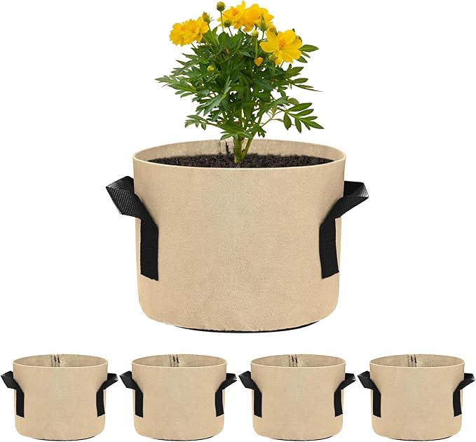 M METERXITY 5-Pack Plant Grow Bags 1 Gallon Grow Bags 300G Thickened Fabric Pots with Durable Handles Plant Garden Grow Pots for Fruits/Vegetables/Flowers/Plants [Khaki]