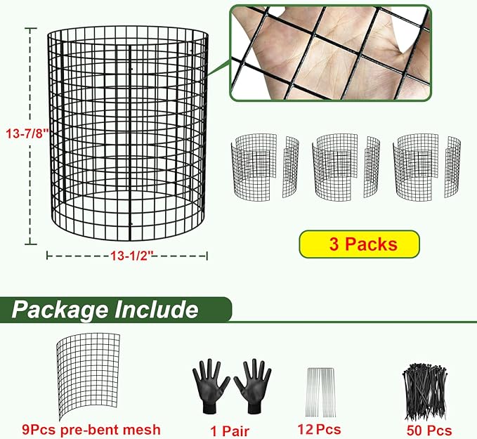 3 Pack Wire Plant Protectors, 13.5" Dia x 14" H Plant Protector from Animals, 9pcs Pre-Bent Metal Mesh to Keep Animals Out with Zip Ties & Stakes (3 Packs)