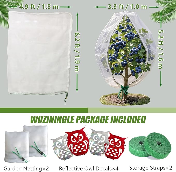 Fruit Tree Netting Cover with Drawstring, 2 Pack 4.9x6.2 ft Bird Barrier Mesh for Blueberry Bushes/Vegetables, Bonus 4 Owl Scare Tapes & 2 Fastening Straps