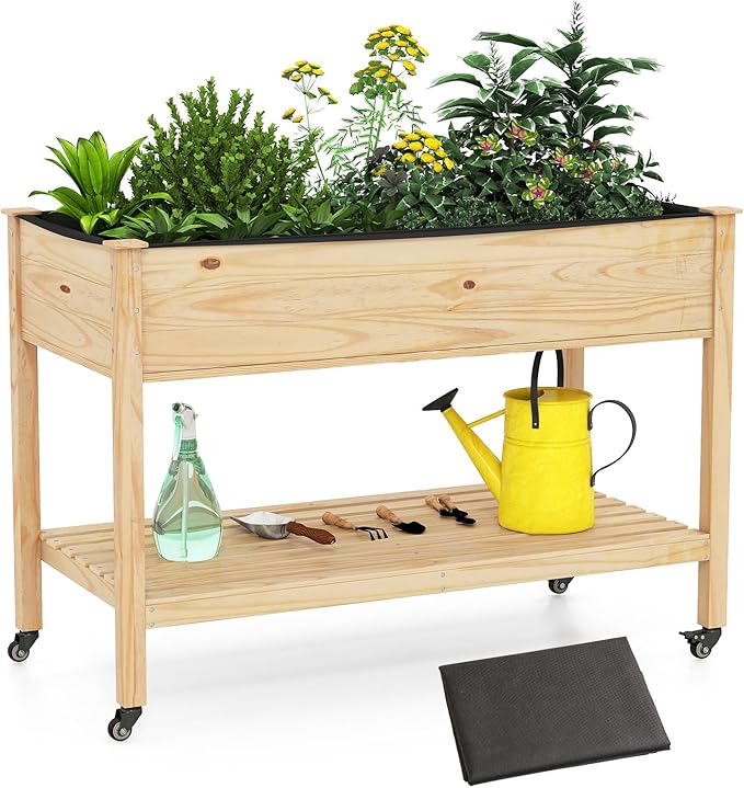 Raised Garden Bed with Legs, Wood Raised Planter w/Lockable Wheels, Drainage Holes & Storage Shelf, Planter Box for Flowers Herbs, Outdoor Balcony Backyard, Natural, 47" L x 23" W x 33" H
