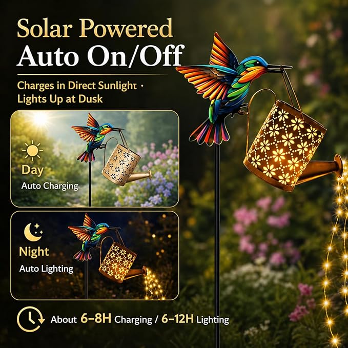 SSQPVEH Solar Watering Can Lights Outdoor, 30.7-Inch Metal Garden Stake Light with Hummingbird Hook, 36 LED Cascading Warm White Waterfall Light for Yard, Lawn, Patio, Garden Decor Gift for Mom