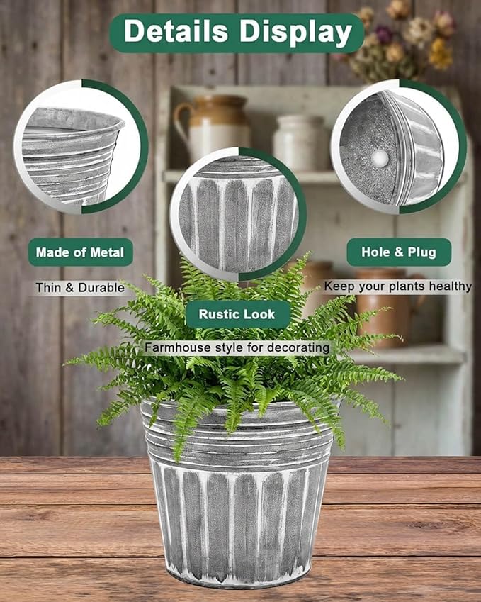 vensovo 6 Inch Silver Metal Rustic Flower Pots - 6Pcs Galvanized Planters with Drainage Hole and Rubber Plug, Rustproof Metal Bucket Plant Pots Farmhouse Vintage Style for Decor