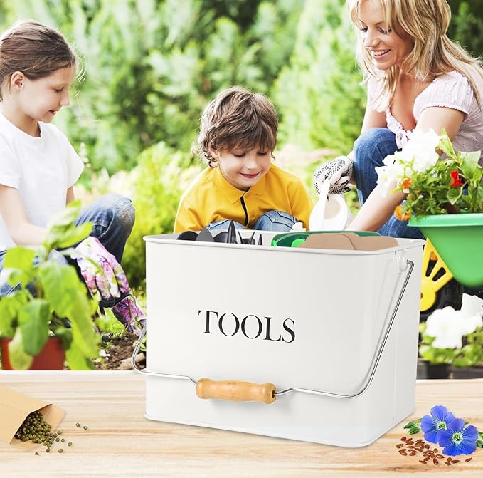 Garden Tool Organizer - Metal 3-Compartment Caddy With Handle, Indoor/Outdoor Use - White
