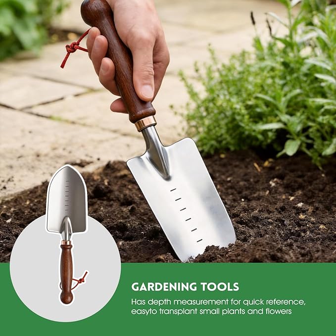 Gardening Tools, 4 Pack Garden Tool Set with Wooden Handles Hand Tools with Transplanting Hand Shovel, Rake and Root Picker Ideal for Digging and Planting