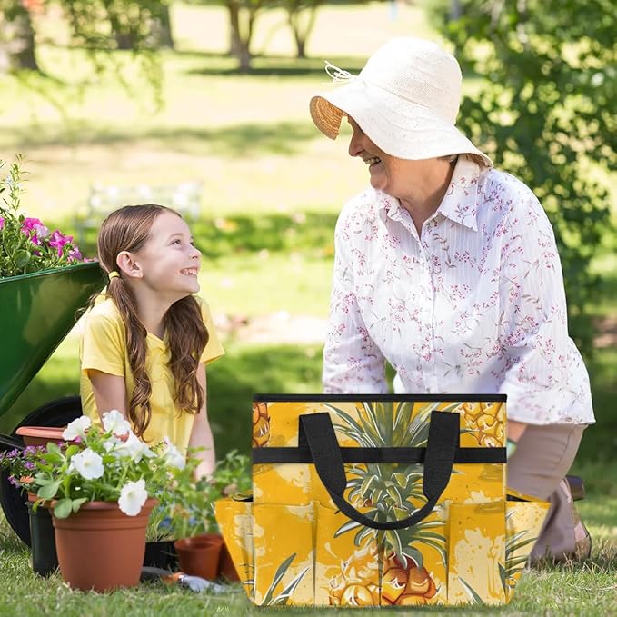 Garden Tool Bag Organizer Garden Tote Bag with Pockets Doodle Pineapple Tool Storage Organizer Gardening Tool Kit Holder 13" x 6.8" x 2.8"