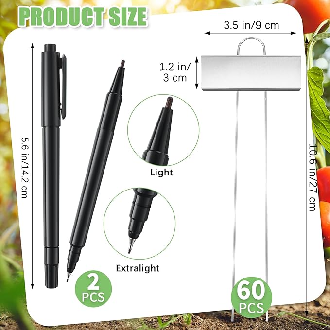 Maitys 62 Pcs Metal Garden Markers Plant Label Stakes Outdoor Weatherproof 10.6 Inch Stainless Steel Nursery Tags Bulk with Pens (Silver Label with Black Ink)