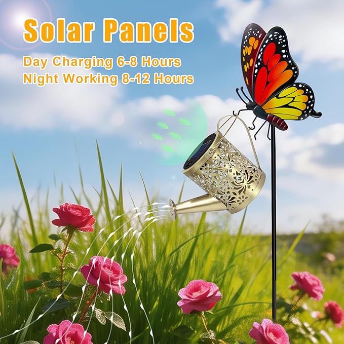Mothers Day Gifts, Solar Lights Garden Decor, Waterproof Solar Watering Can with Butterfly Garden Stakes, Outdoor Light with Cascading Lights for Outside Patio Lawn Porch, Birthday Gift for Women