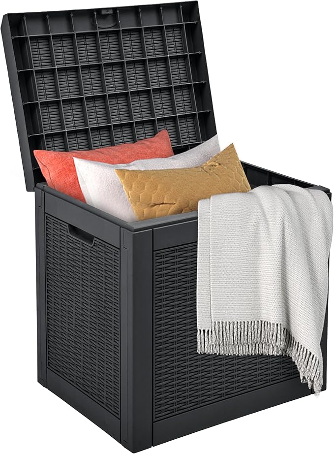 32 Gallon Indoor Outdoor Storage Box, Resin Rattan Small Deck Box for Patio Furniture, Cushions, Garden Tools, Sports Equipment,Black